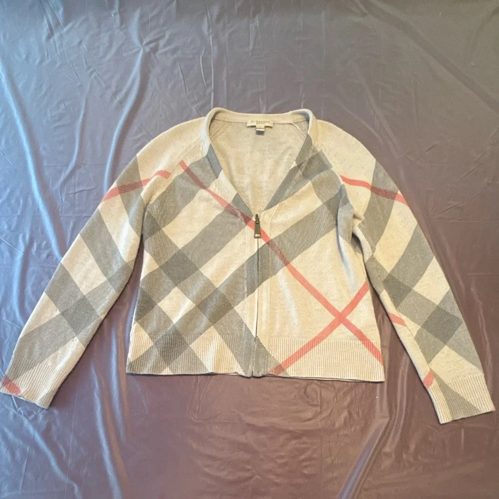 Burberry Brit Tan Merino Wool Novacheck Zip Front Cardigan Size Small - Picture 2 of 12